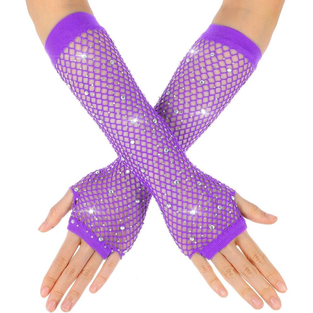 Women's Purple Punk Fish Net Arm Sleeve Rhinestone Gloves Costume Halloween